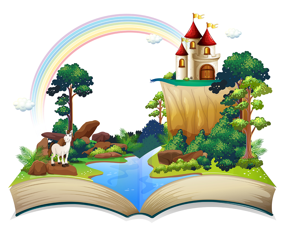 Illustration of a book with a castle at the forest on a white background