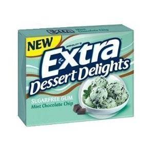 Wrigley's Extra Dessert Delight Mint Chocolate Chip Ice Cream Gum package displays a bowl of ice cream and cool mint colors.